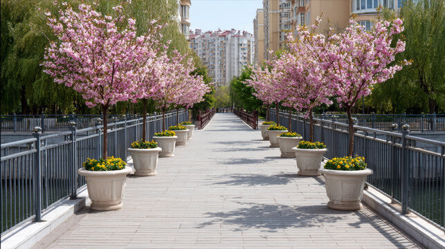 Fototapeta Sidewalk path with blooming sakura trees and concrete planters next to a railing, looking towards buildings in a spring city park