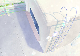 テキストを乗せやすい余白のある背景_学校の屋上、フレアあり