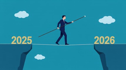A businessman carefully walks a tightrope between the years 2025 and 2026, balancing with a pole, symbolizing the transition and challenges of the future.