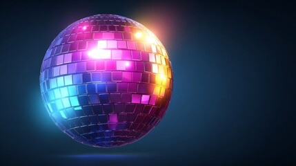 A dazzling disco ball spins, casting vibrant colors across a darkened room. The atmosphere is electric as partygoers dance and celebrate under the swirling lights, creating a lively ambiance
