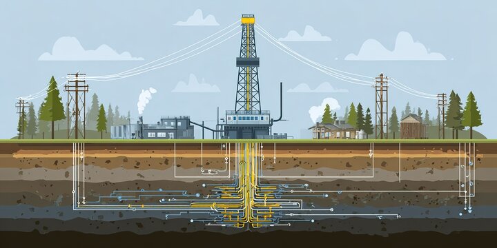 Oil drilling rig operates in a forested area with various pipelines and equipment visible below ground level
