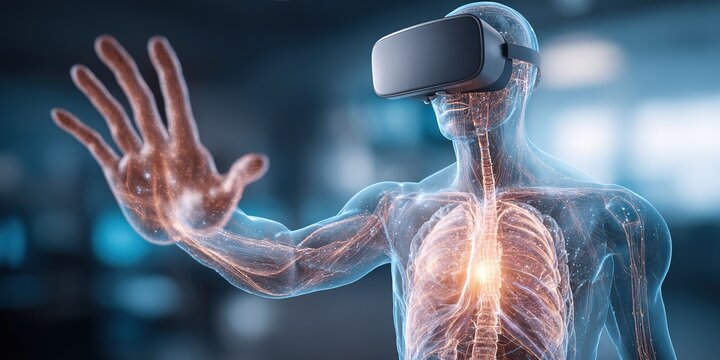 Human figure in virtual reality headset exploring a holographic representation of the body in a high-tech environment