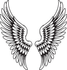 Obraz premium Dark Outlined Angel Wings Illustration Spreading Wide on Checkerboard Pattern Surface