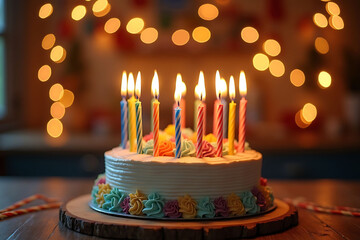 Birthday Cake with Candles and Bokeh Lights