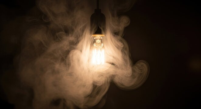 A light bulb emitting a warm glow with smoke or steam around it.