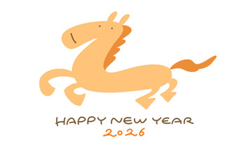 走る馬のポップでシンプルな年賀状　2026 正月素材・手書き文字