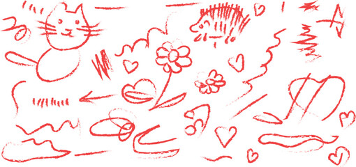 Hand drawn scribble and stroke elements for design Collection of diverse hand-drawn scribble, stroke, and sticker elements in crayon, charcoal, chalk, and pen styles for creative projects.