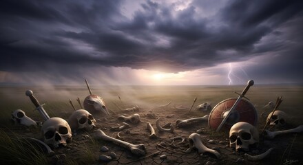 Battlefield with human skull and bones strewn over dry cracked earth, sword and shield remaining from past conflict, storm sky overhead with dramatic lighting and lightning flashes.