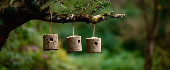Suet blocks hanging on a tree branch inviting warmth and nourishment to wildlife feeding.