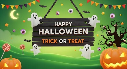 A cheerful and spooky Halloween night illustration featuring ghosts, pumpkins, and a festive greeting sign on a green landscape