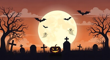 Spooky Halloween Night Scene Full Moon, Ghosts, Bats, and Spooky Tombstones, Perfect for the Holiday