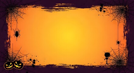 Spooky Halloween Frame with Cobwebs, Spiders, and Pumpkins on a Gradient Orange Background