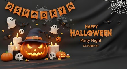Happy Halloween Party Night Spooky Decorations with Jack-o'-lantern, Candles, and Ghosts