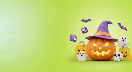 Spooky 3D Halloween Sales Promotion with Jack-o'-Lantern, Ghosts, and Discount Shopping Bags on a Vibrant Green Background