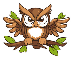 Tough Owl Mascot Character with Spread Wings. Cartoon Bird on a Branch Vector Illustration for a Logo or Emblem.