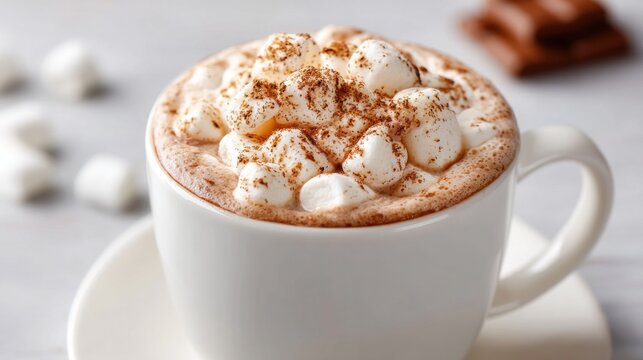 A warm cup of rich hot cocoa overflows with fluffy marshmallows, inviting sweetness and warmth during a chilly afternoon in a cozy setting. Comfort in every sip