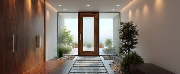Naklejka na ściany i meble The entryway’s modern glass door with metal handles shines like a sleek jewel.