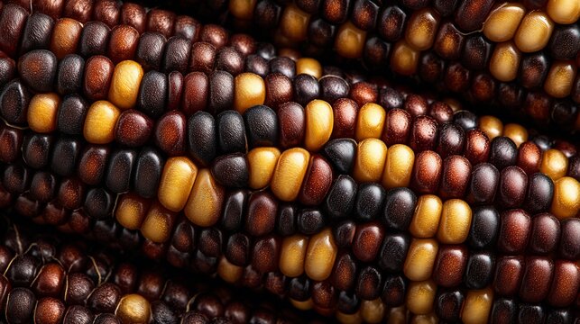 Close-up of colorful flint corn cobs, arranged tightly together
