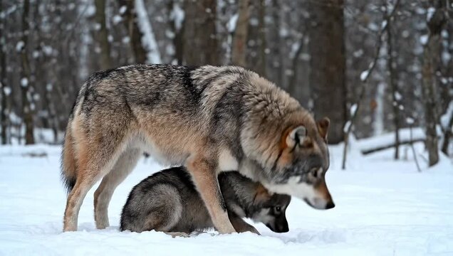 Two wolves interacting in a snowy environment, one standing over the other, both with grey fur.