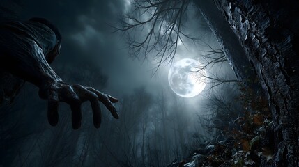 Zombie reaches from forest moonlight
