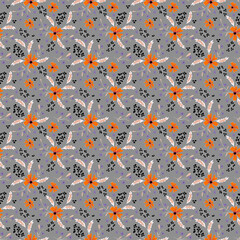 Seamless colorful retro floral pattern. Orange flowers on a gray background.
