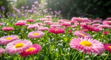 Obraz premium A vibrant field of pink daisies with green stems and leaves, set against a blurred background of sunlight and shadows.