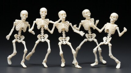 A lively gathering unfolds as cheerful skeletons dance together, creating a joyful atmosphere. Their playful movements spark excitement, showcasing a festive celebration under the moonlit night