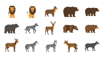 Obraz premium Flat Cartoon Wild Animals Vector Illustration Set Lion Bear Wolf Deer