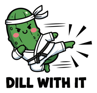 Funny cartoon pickle character doing a karate kick. Dill With It vegetable pun. Tough martial arts mascot vector illustration for sticker or t-shirt print