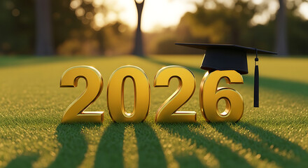 Golden 2026 numbers and graduation cap on green grass with blurred trees and sunlight