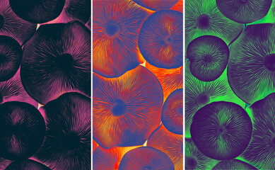 Banner set of wild mushroom caps with digital color processing, magenta-black, orange-blue,...