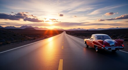 Classic Car Journey on Open Road with Aesthetic Background Sunset Drive Adventure