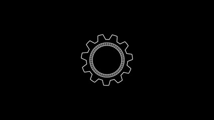 Detailed white outline of a cogwheel or gear drawn with a chalk effect on a stark black background