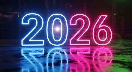 Bright neon 2026 year sign glowing with reflective surface futuristic celebration