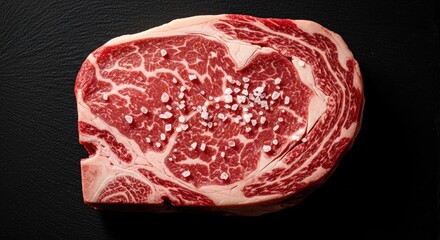 Obraz premium A raw ribeye steak with salt on a dark background.