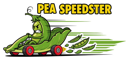 Pea Speedster Peapod Go Kart Racer Cute Green Vegetable Mascot Vector