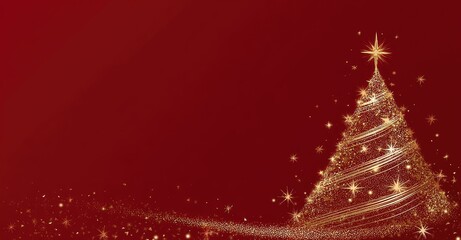 Golden glitter Christmas tree with sparkling lights on red background, perfect for holiday greeting cards, festive marketing banners, elegant New Year posters, and seasonal digital designs