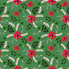 Seamless colorful retro floral pattern. Red flowers on a green background.