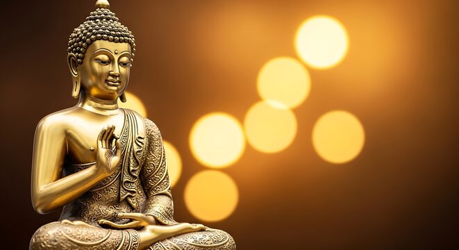 Serene golden buddha statue meditating with soft bokeh lights in background