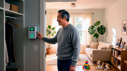Man using a smart home control panel with a green light in a modern house.
