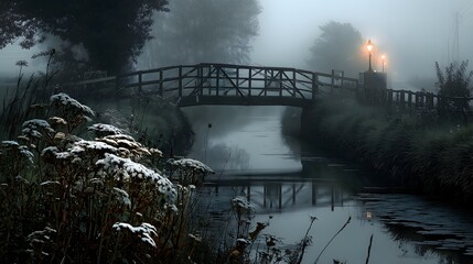 Misty rural bridge over canal reflection