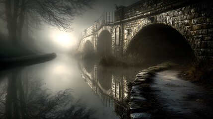 Misty bridge reflection landscape