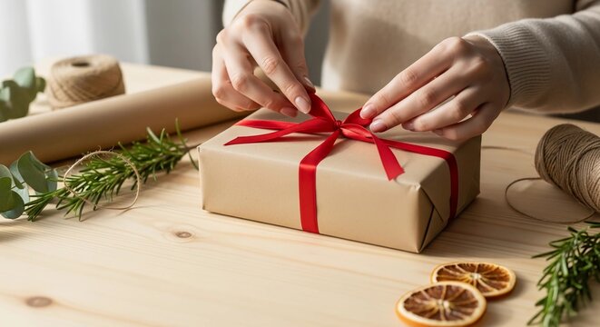 Person wrapping brown gift box with red ribbon for christmas.