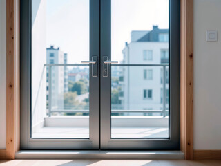 Modern aluminum glass doors opening to a bright apartment balcony.