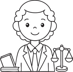 Charming cartoon lawyer character with scales of justice and briefcase ready to serve justice
