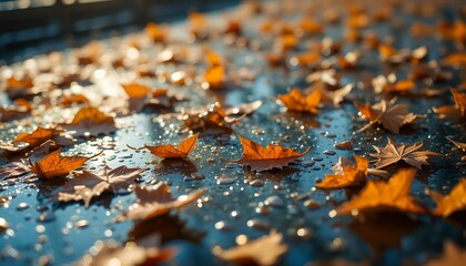 Close-up of wet glass surface with scattered brown and golden leaves, morning light, cozy, realistic texture, shallow depth of field.