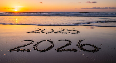 New year 2025 and 2026 incoming tide on sandy beach at sunset