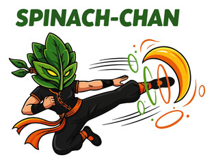 Funny spinach character as an anime martial arts fighter. Spinach-Chan pun vector for vegan and manga T-shirt designs. © Cristiano