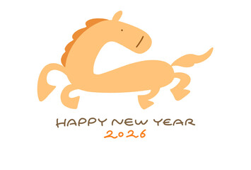 振り返りながら走る馬のポップでシンプルな年賀状　2026 正月素材・手書き文字