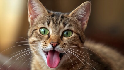 Feline Gaze, Open Mouth. A Detailed Portrait of a Cat with Striking Green Eyes.